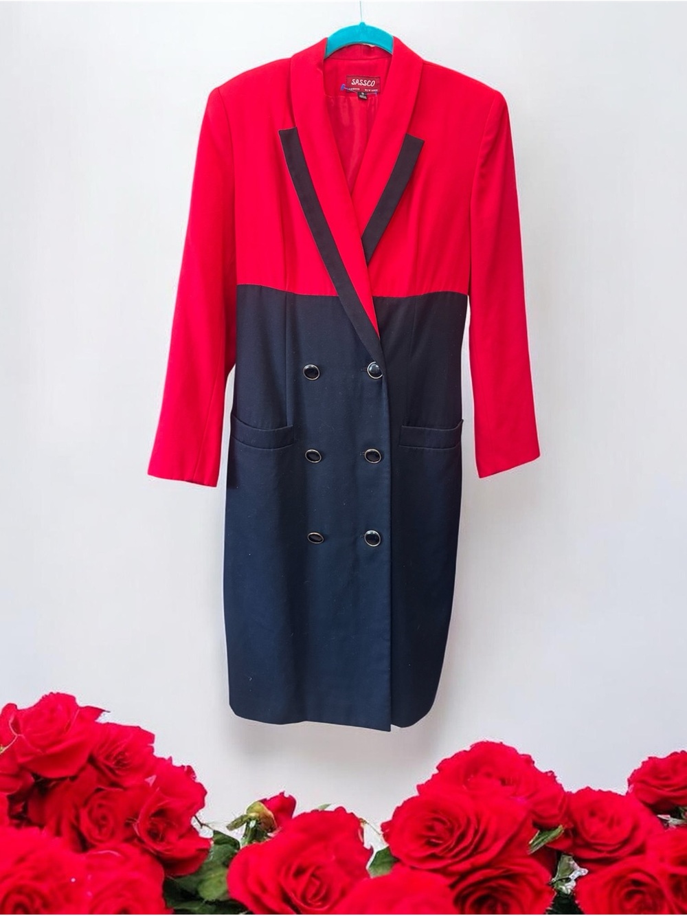 Vintage Sassco Red and Black Double-Breasted Blazer Dress Size 8